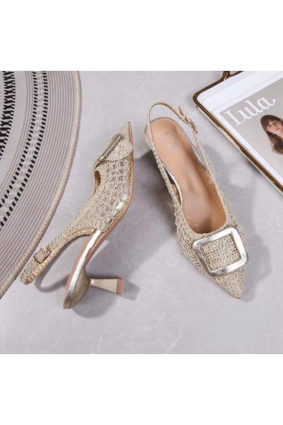 Sandalia tacón chupete crochet gold